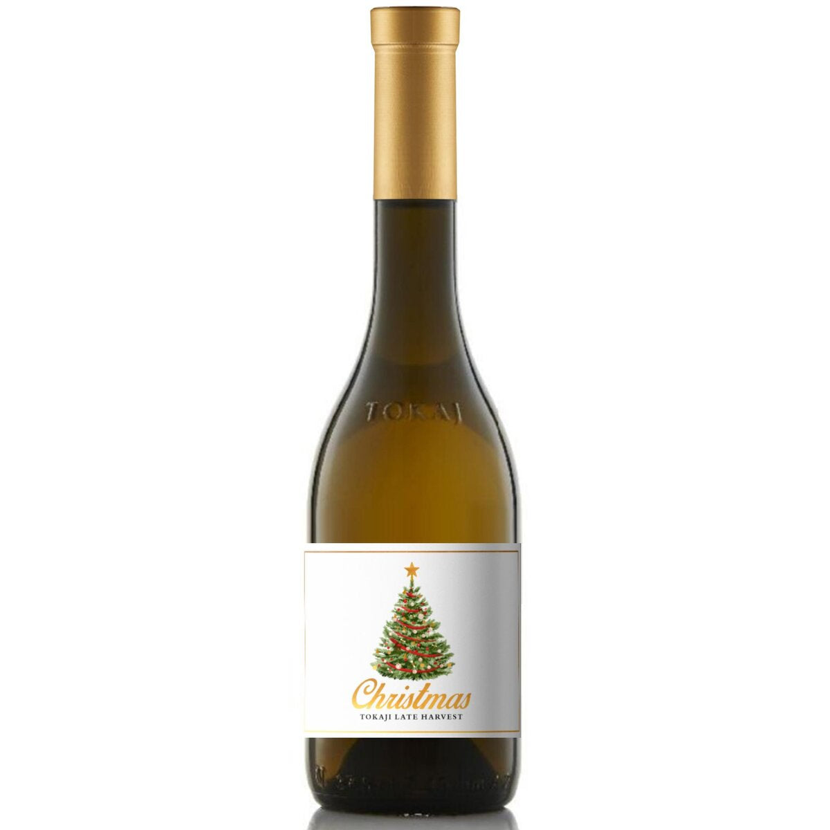 Bottle of Tokaji late harvest Hungarian sweet wine with a festive label, this is the best dessert wine for Christmas pudding.
