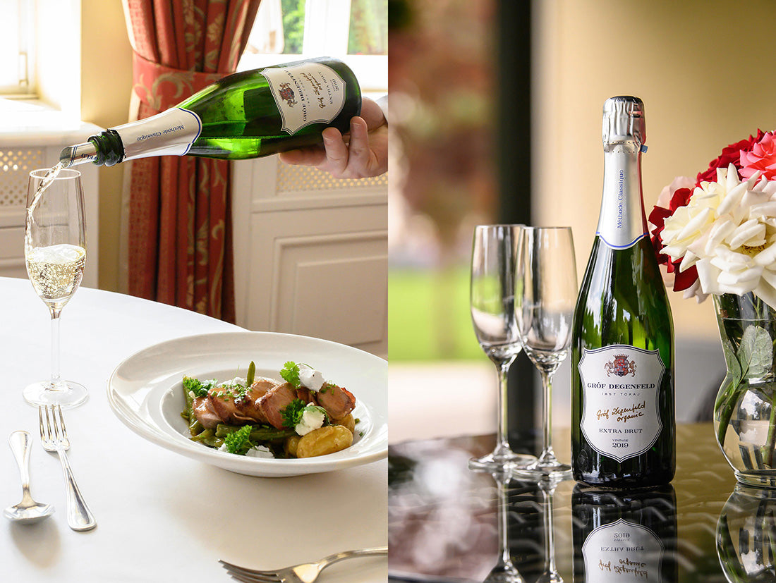 A bottle of Tokaji brut sparkling wine, this is a methode traditionelle Hungarian Champagne.