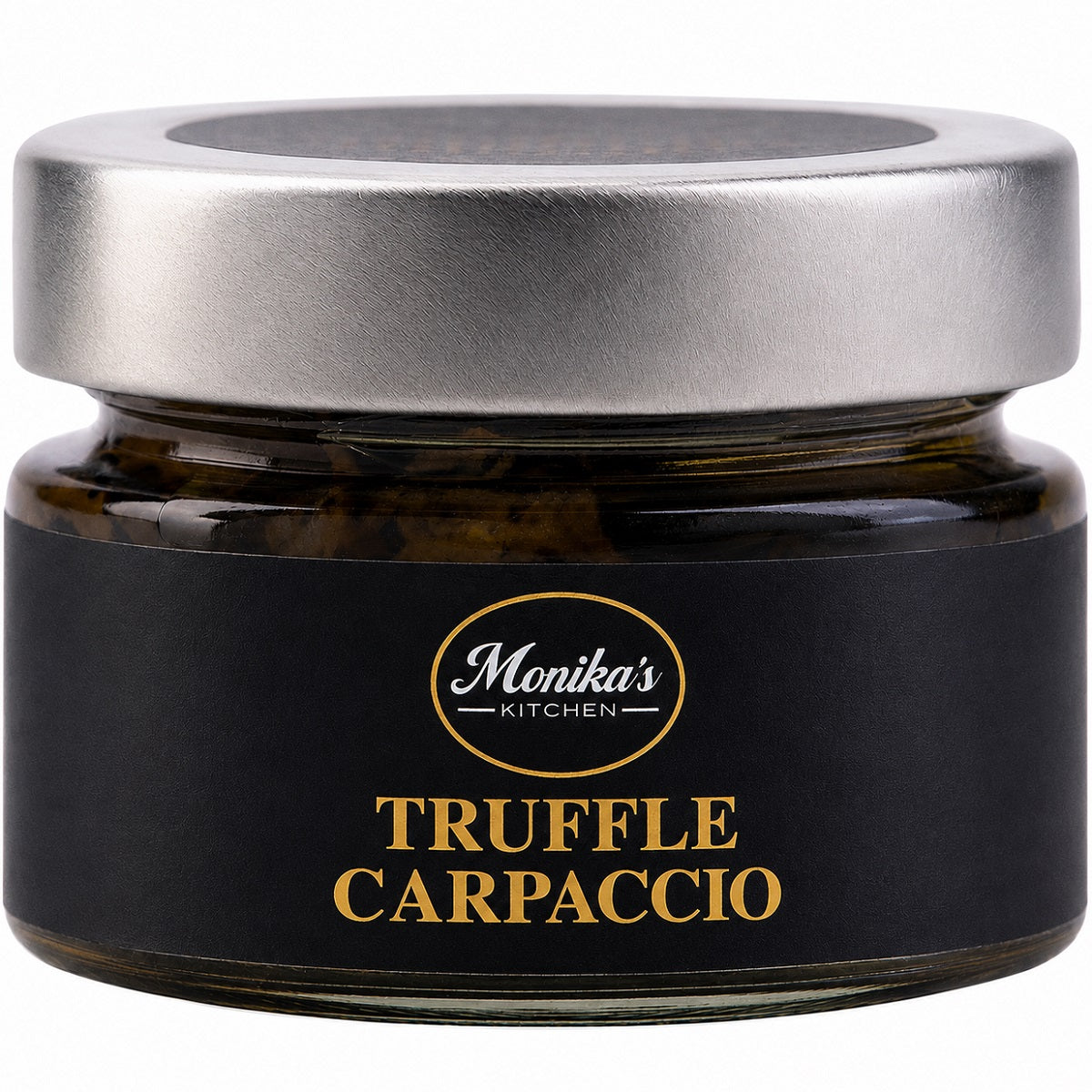 A jar of truffle carpaccio, containing shavings of truffle slices in oil.
