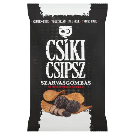A packet of black truffle infused potato crisps, a crunchy gourmet snack.