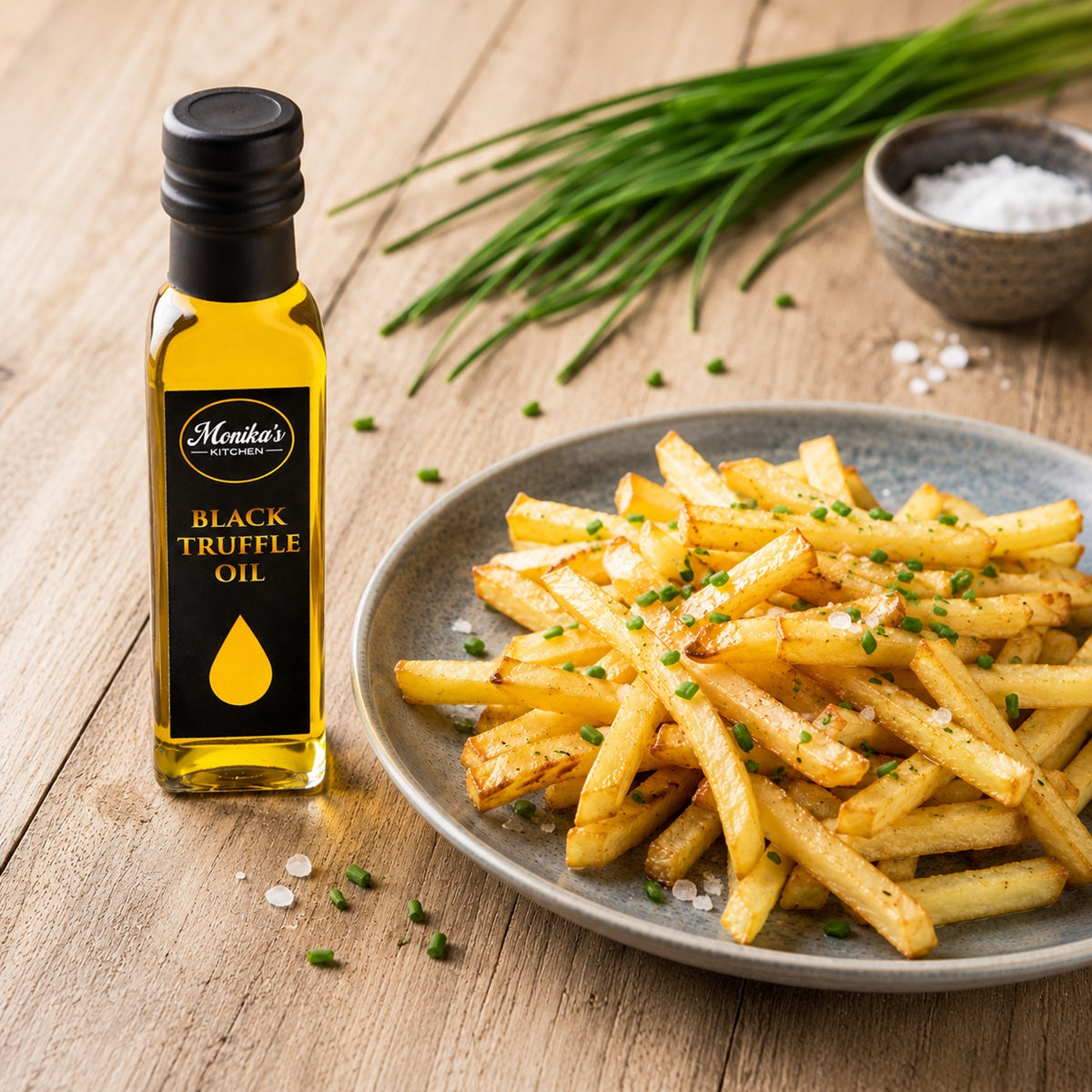 Bottle of black truffle oil next to a plate of fries on a wooden surface.