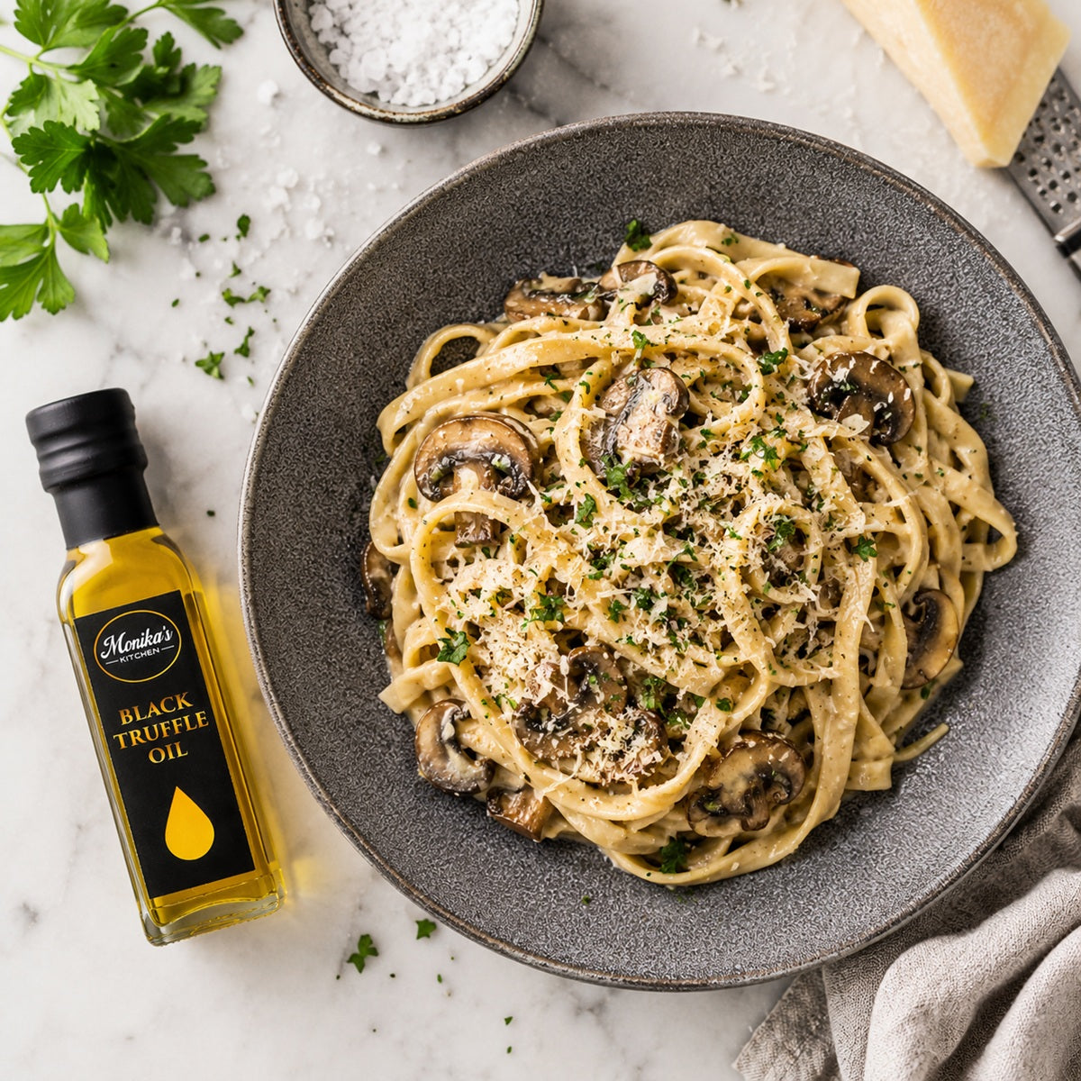 Mushroom truffle pasta with herbs, parmesan and a drizzle of black truffle olive oil.