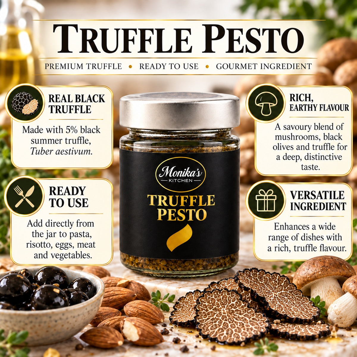 Infographic of truffle pesto featuring a jar of black truffle sauce for pasta with mushrooms, olives, and almonds.