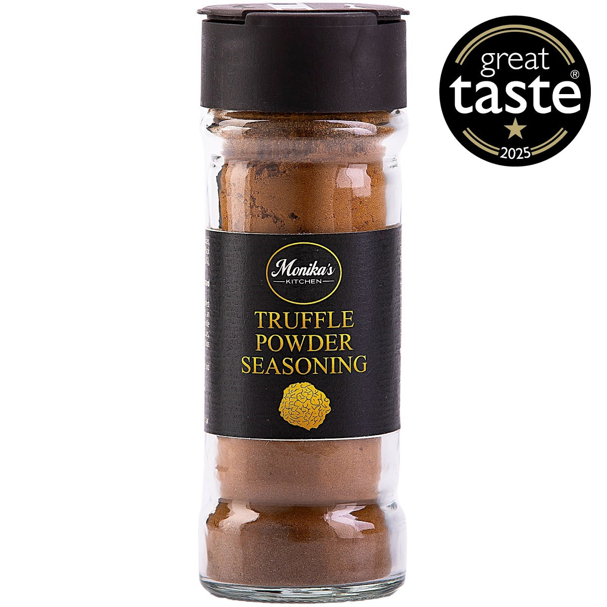 A jar of truffle seasoning powder, this is a versatile gourmet ingredient.