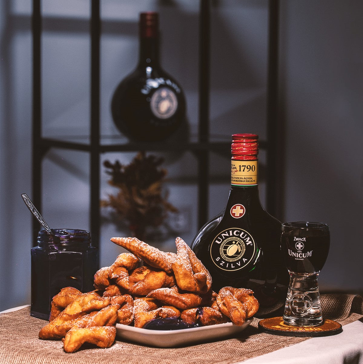 A bottle of Unicum Szilva, a Hungarian alcoholic spirit.