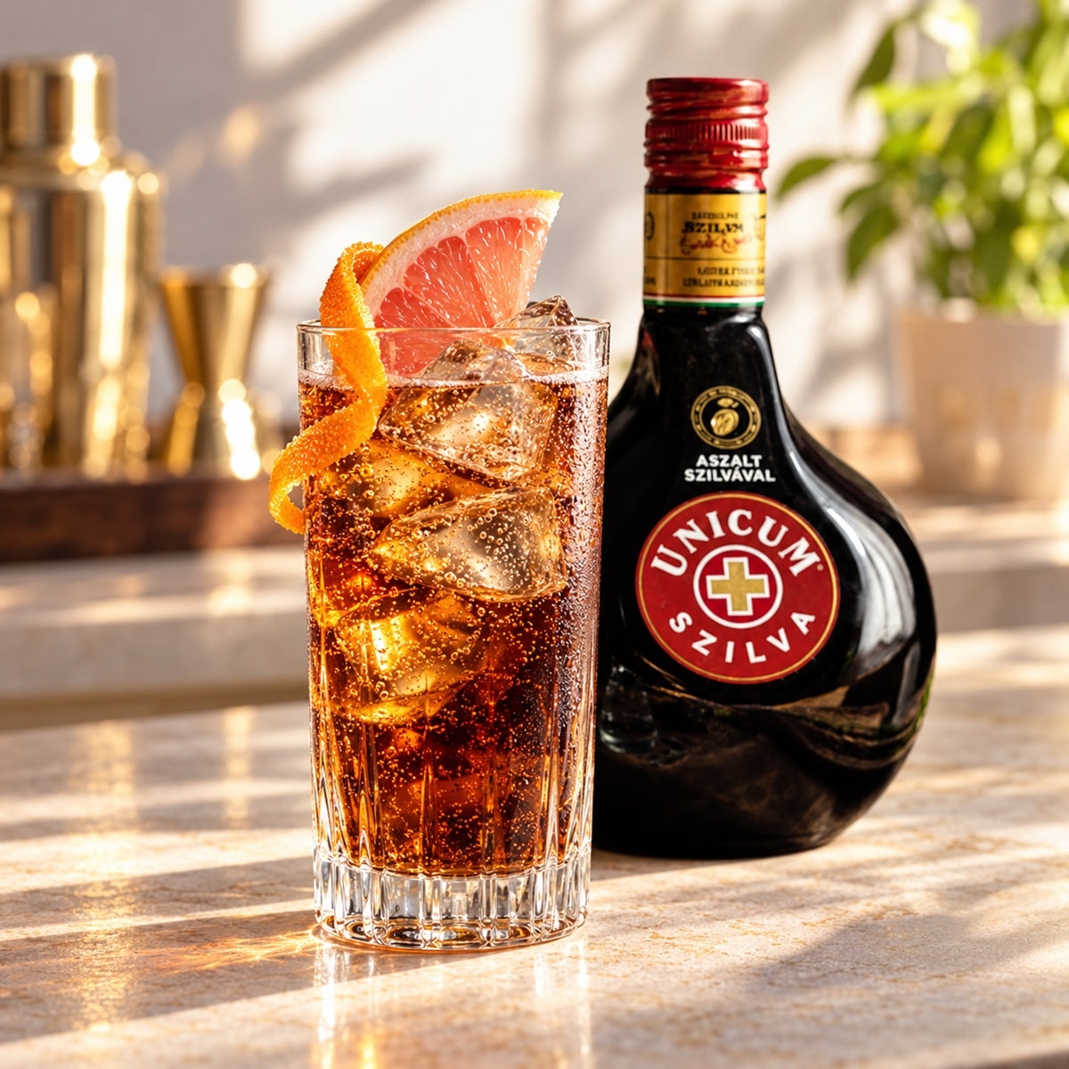 A bottle of Unicum Szilva herbal liqueur with an elegant glass of Unicum Szilva Botanical Highball cocktail.