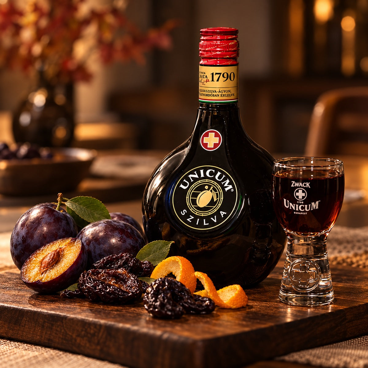 Unicum Szilva bottle with a glass on a table with plums, prunes, orange peel and a glass of herbal bitter.