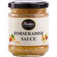 A jar of vegan horseradish sauce made with grated raw horseradish root and fresh apples.