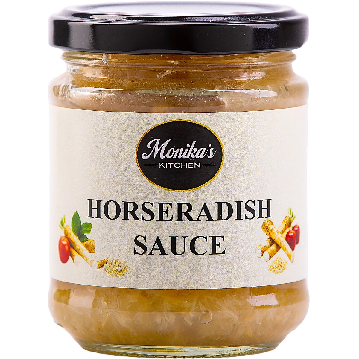 A jar of vegan horseradish sauce made with grated raw horseradish root and fresh apples.