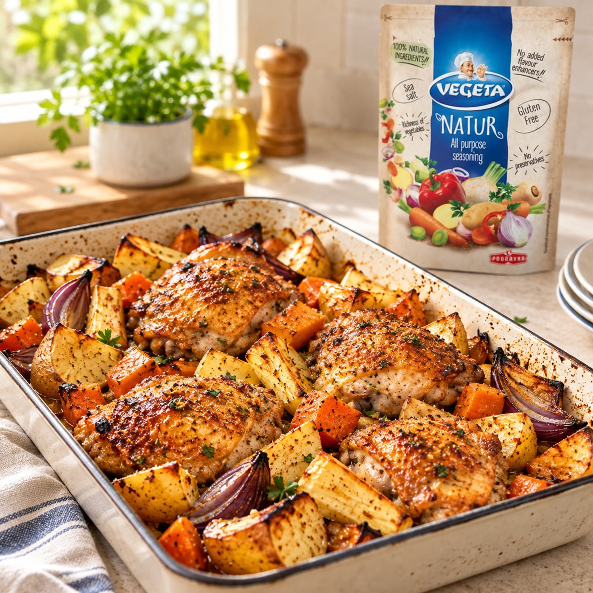 Podravka Vegeta Natur seasoning beside roast chicken thighs with potatoes, carrots and red onion.