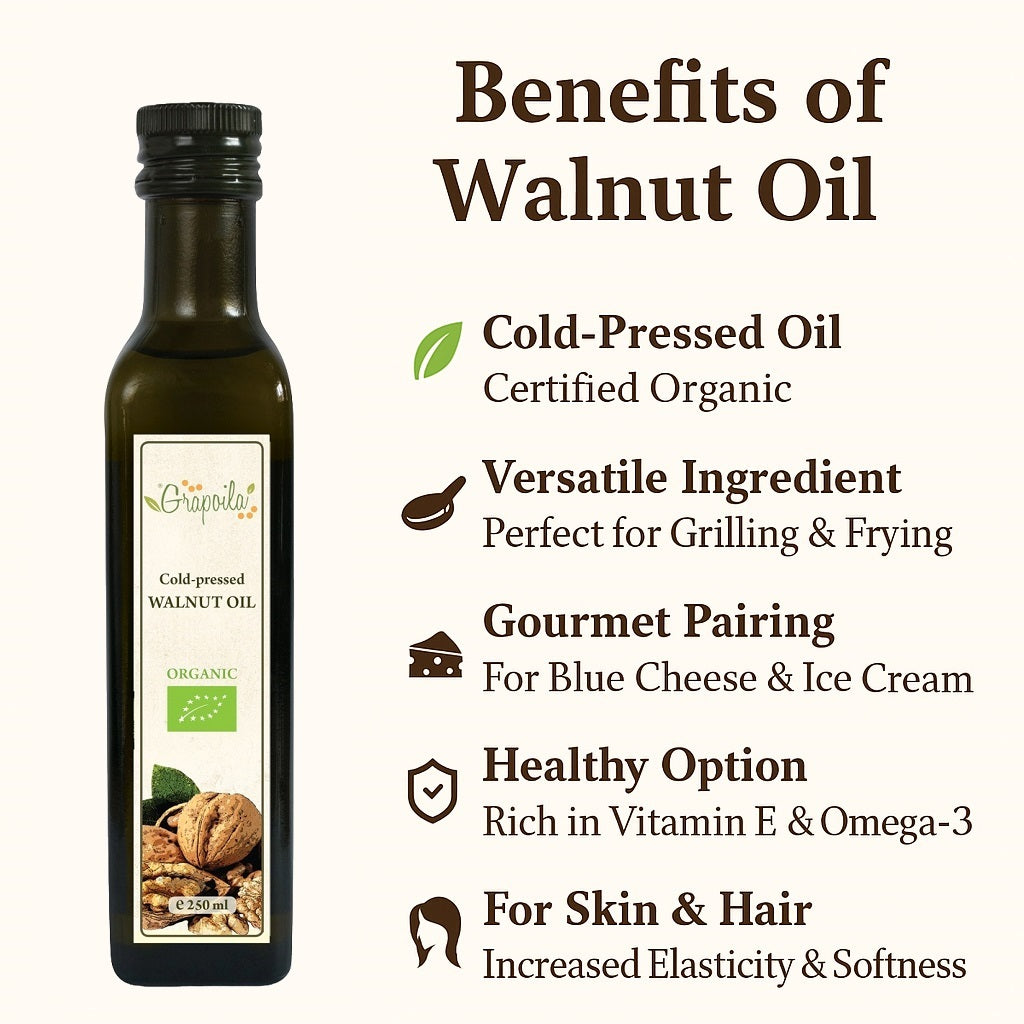 An infographic showing the health and nutritional benefits of eating and using cold pressed organic walnut oil.