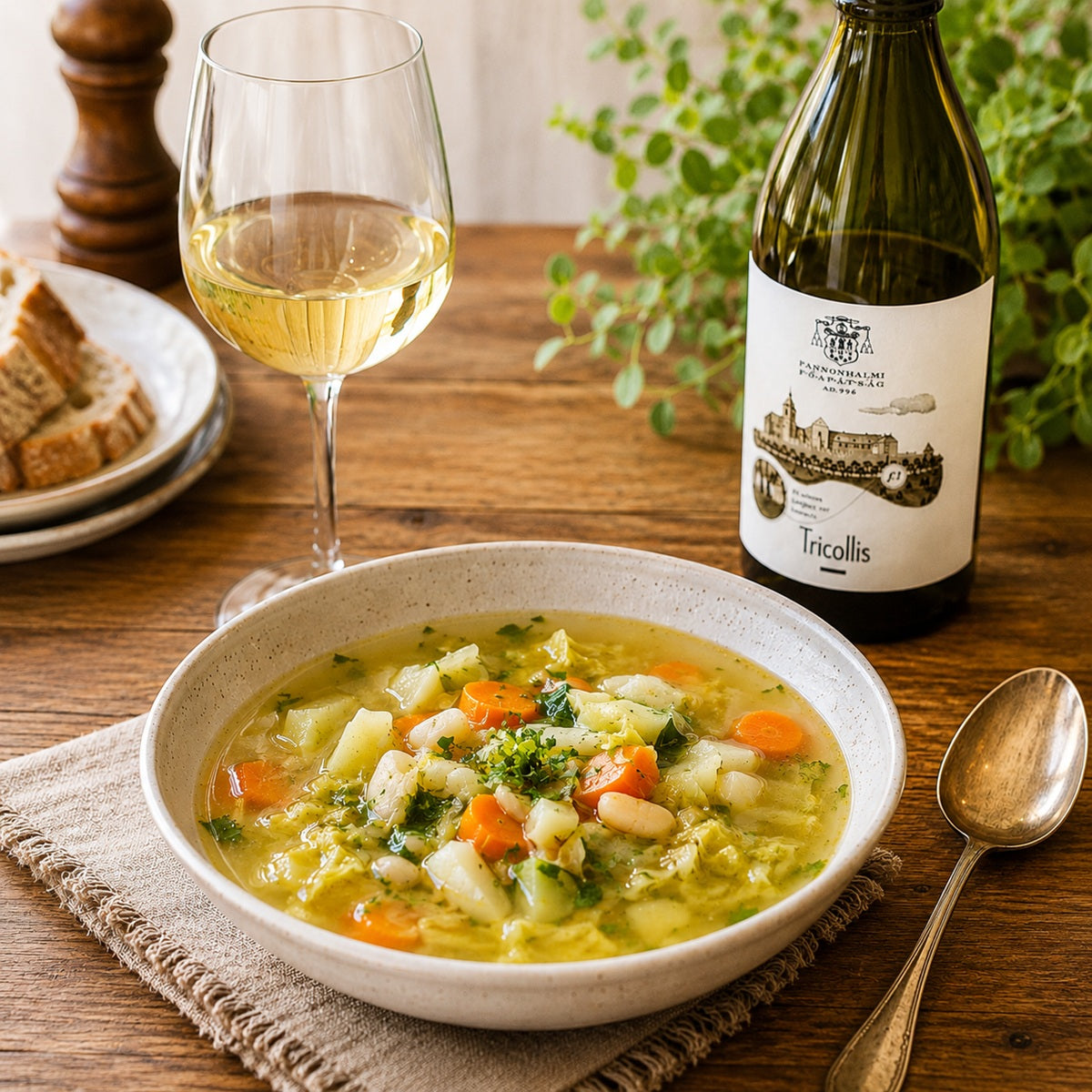 Bottle of Pannonhalma Tricollis white wine paired with a bowl of light vegetable soup.