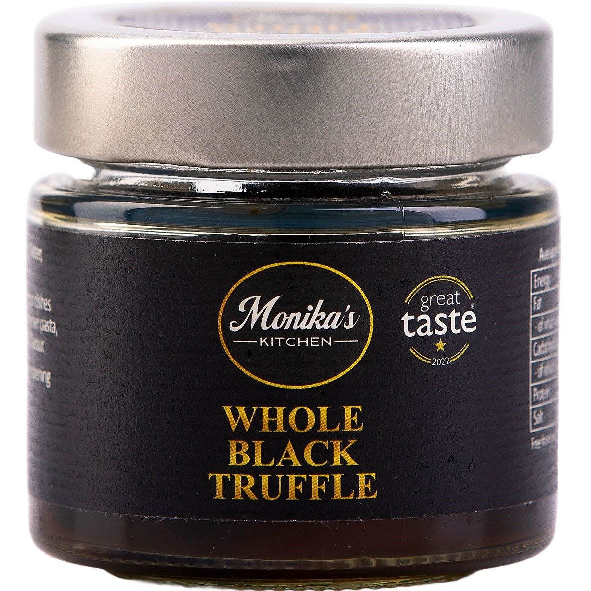 A jar of whole black truffle, made by preserving black summer truffle pieces.