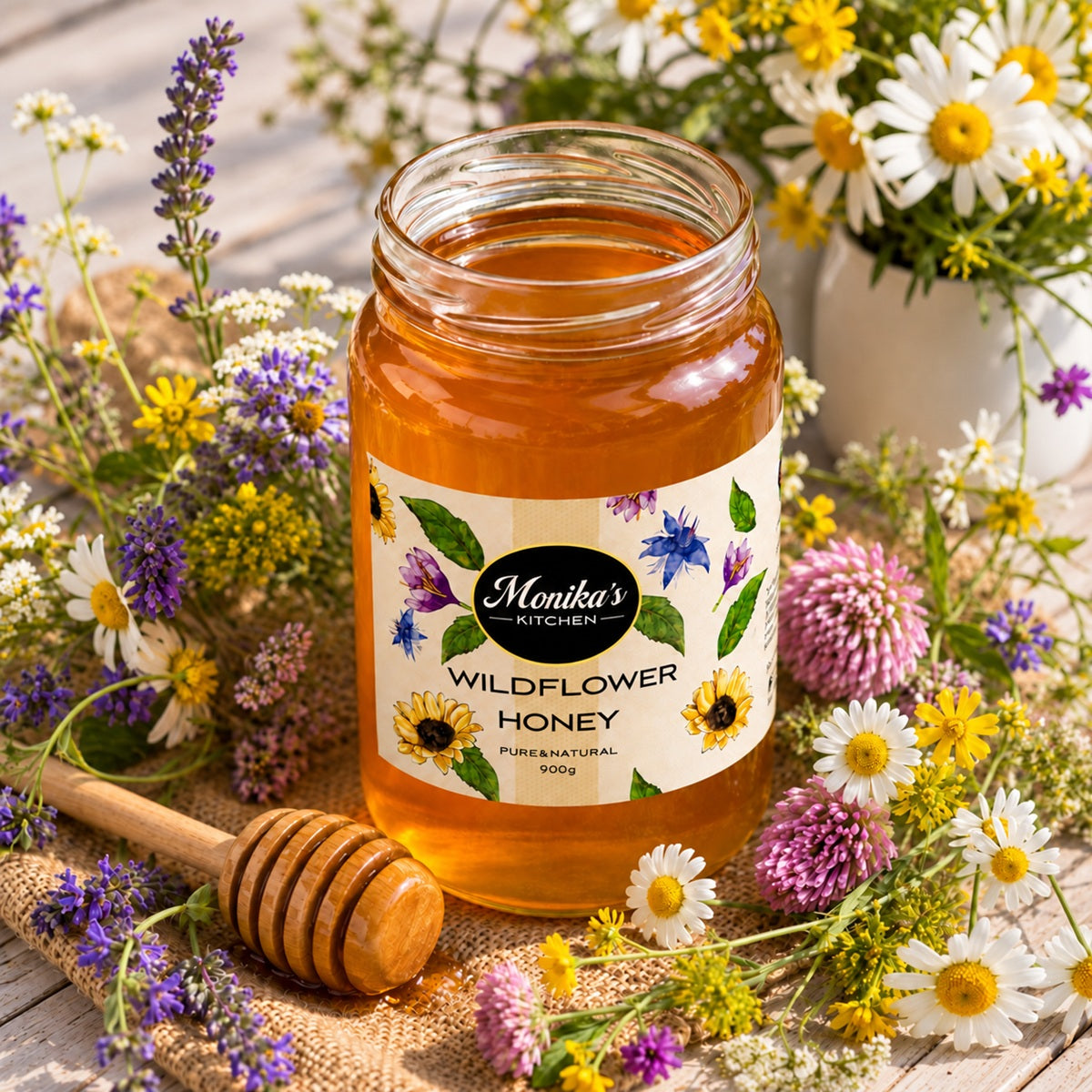 A jar of raw wildflower blossom honey surrounded by fresh flowers.