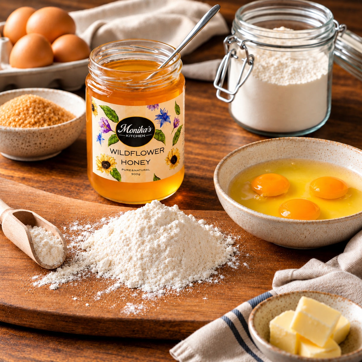 Bowl of eggs, jar of Monika's Kitchen Wildflower Honey, flour, sugar and butter on a wooden surface for baking.
