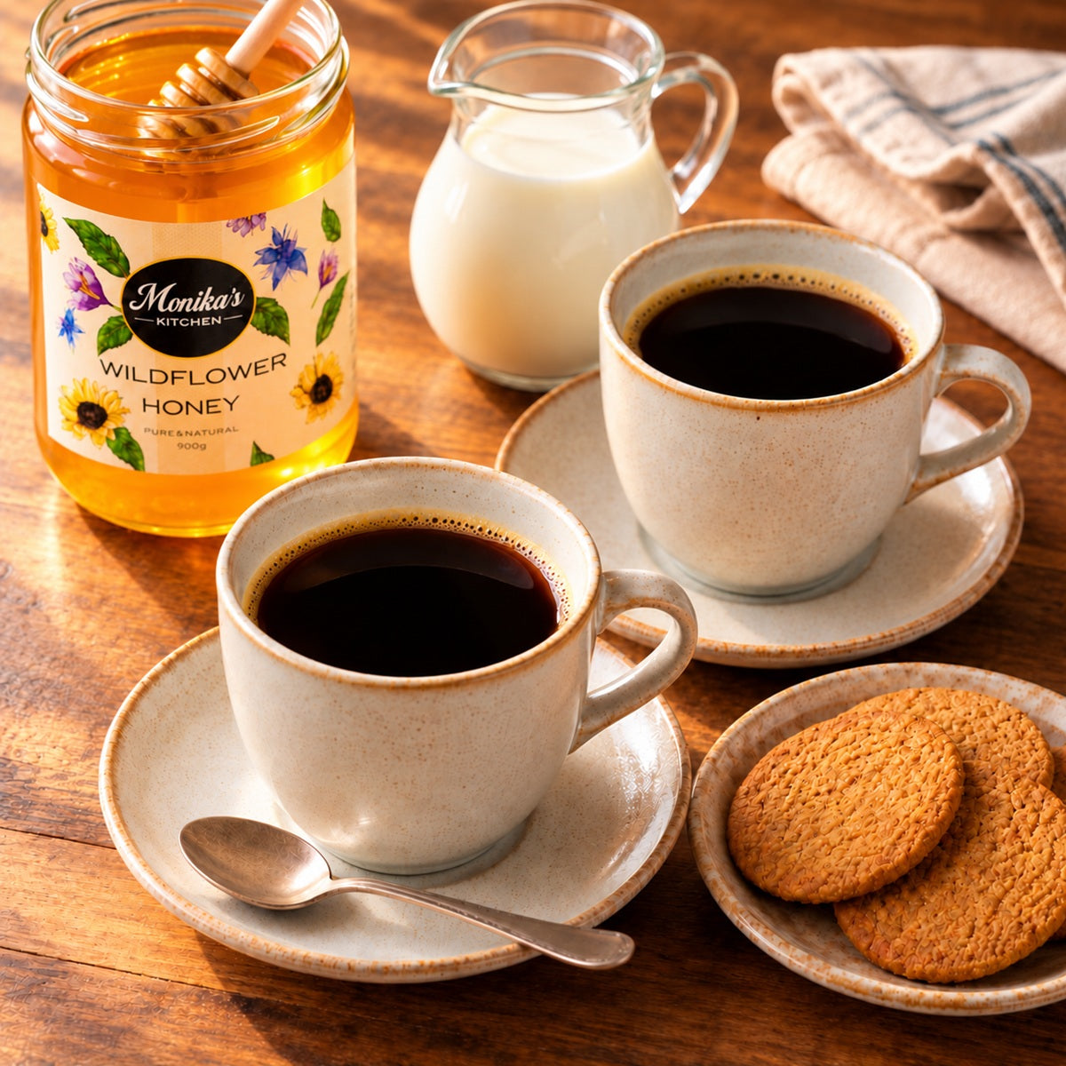 Two cups of coffee, a jar of Monika's Kitchen Wildflower Honey, and a bowl of cookies on a wooden table.