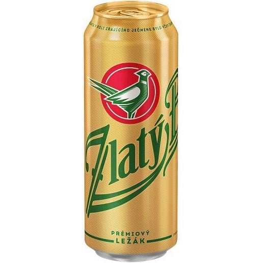 A can of Zlaty Bazant, meaning 'Golden Pheasant', a premium Pilsner-style Slovakian beer.