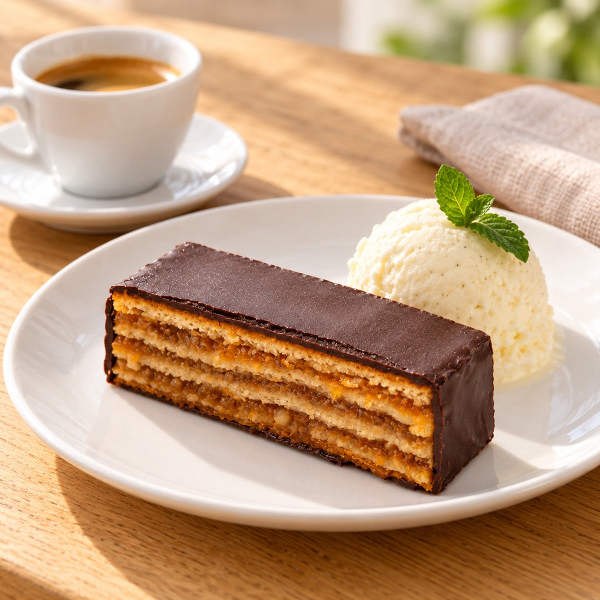 A slice of Zserbó szelet, this Hungarian cake is layered with apricot jam and covered in dark chocolate, served with ice cream.