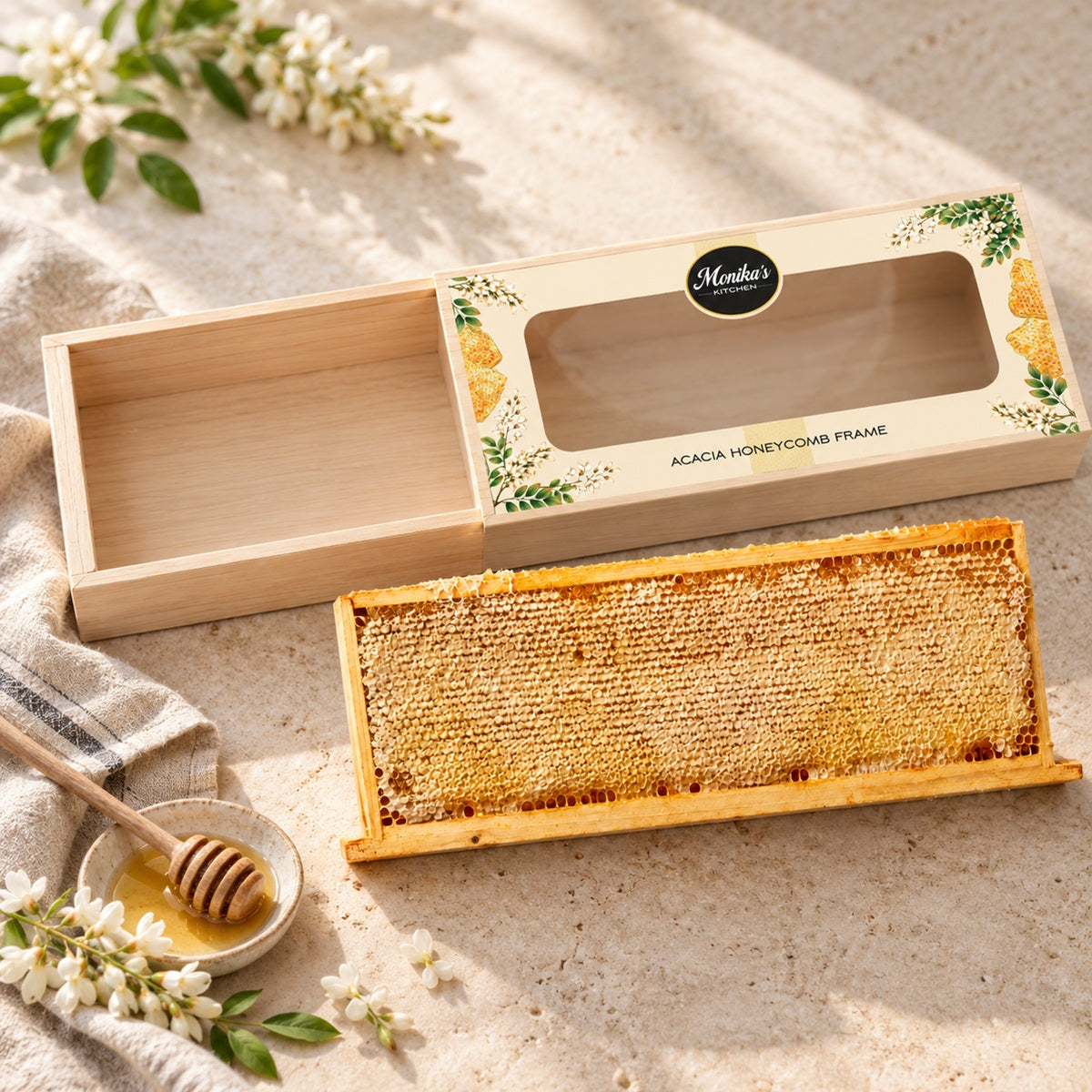 Open wooden Acacia Honeycomb Frame gift box with its sliding lid and full raw honeycomb frame.