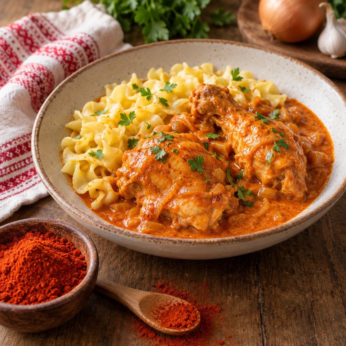 Chicken paprikash with egg noodles, served beside a bowl and spoonful of sweet paprika powder.
