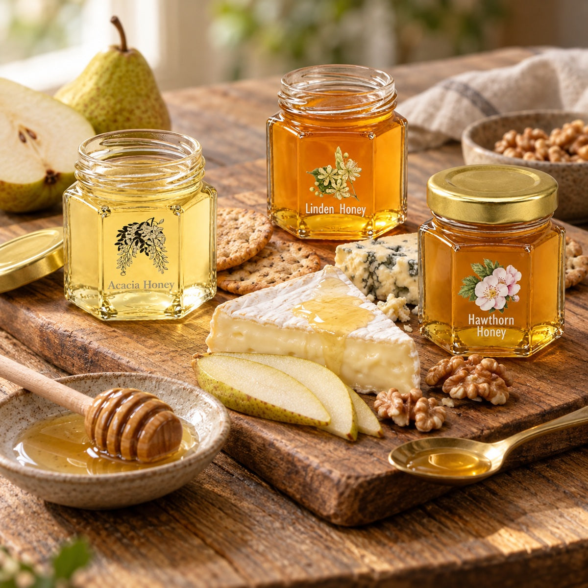 Acacia, Linden and Hawthorn honey 50g taster-sized jars with cheese, pear, walnuts and crackers.