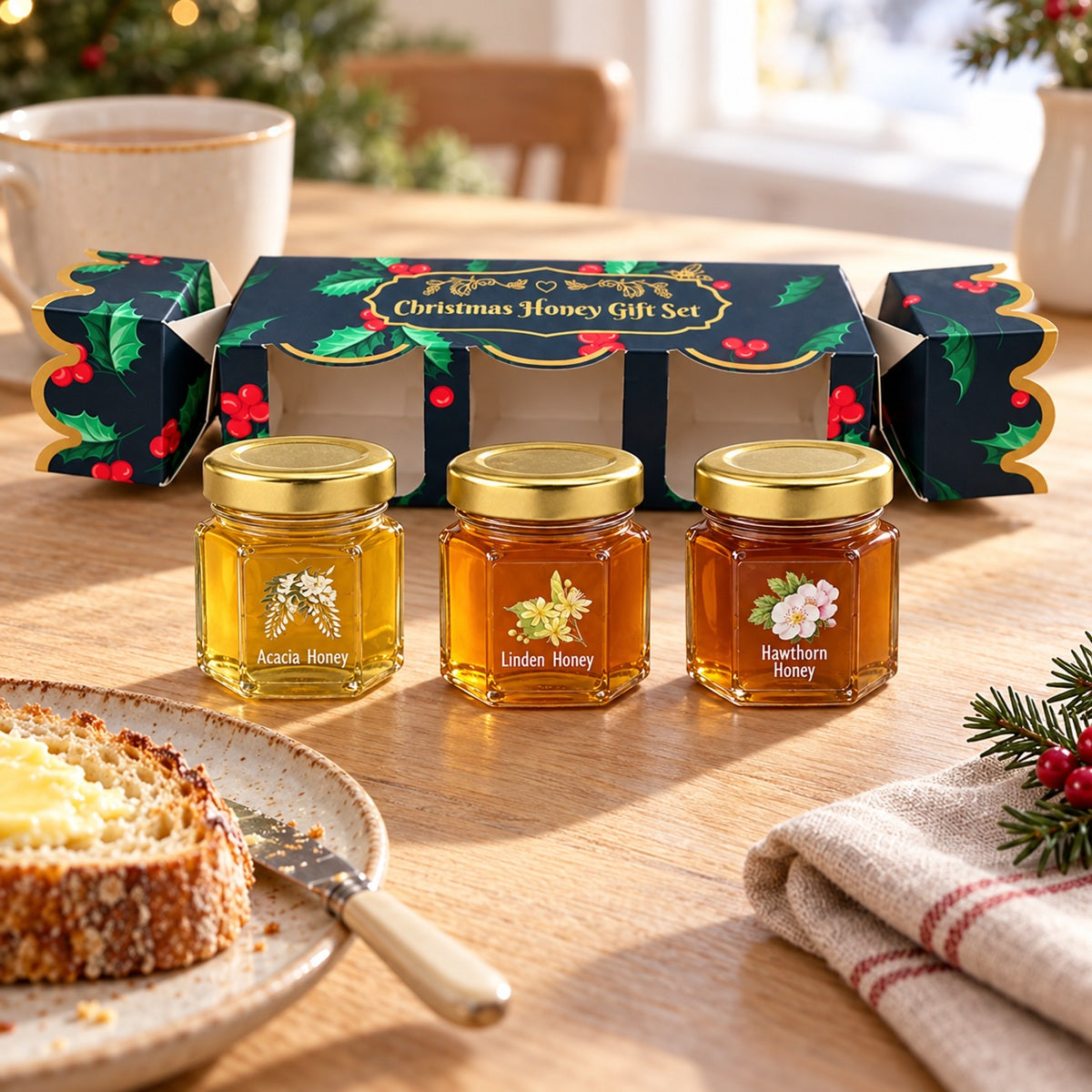 Three honey jars of Acacia, Linden and Hawthorn, displayed in front of a Christmas cracker-shaped honey gift box.