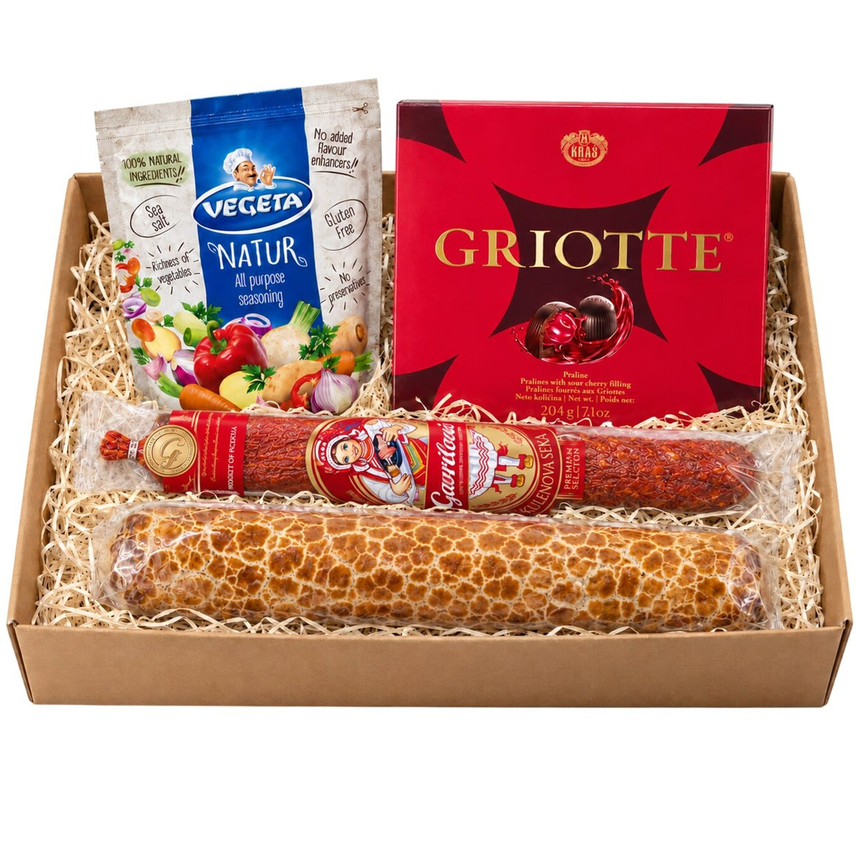 A Croatian gift hamper with four favourites: Kulenova Seka, Kraš Griotte, Makovnjaca and Vegeta Natur.