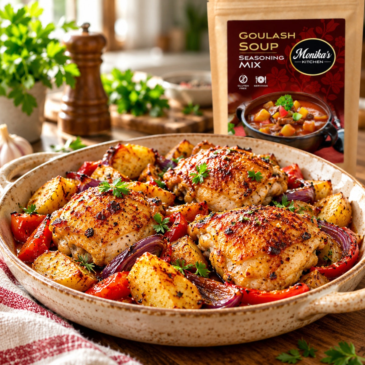 Roast chicken and vegetables seasoned with goulash spice mix, with the pouch in the background.