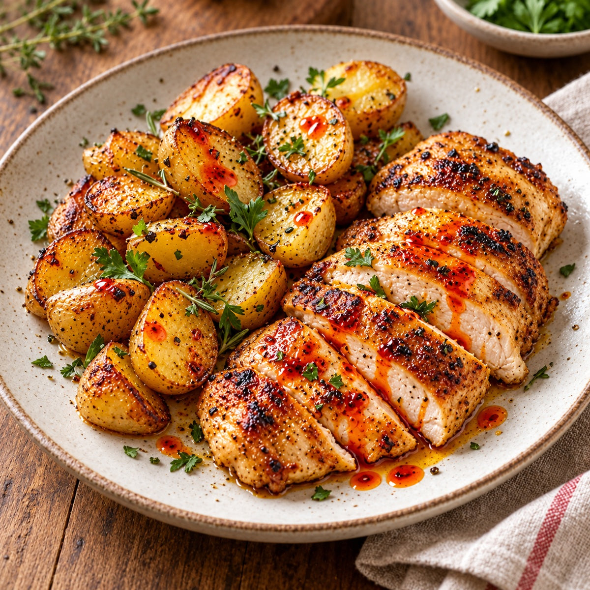 Grilled chicken and roasted potatoes finished with hot paprika oil.