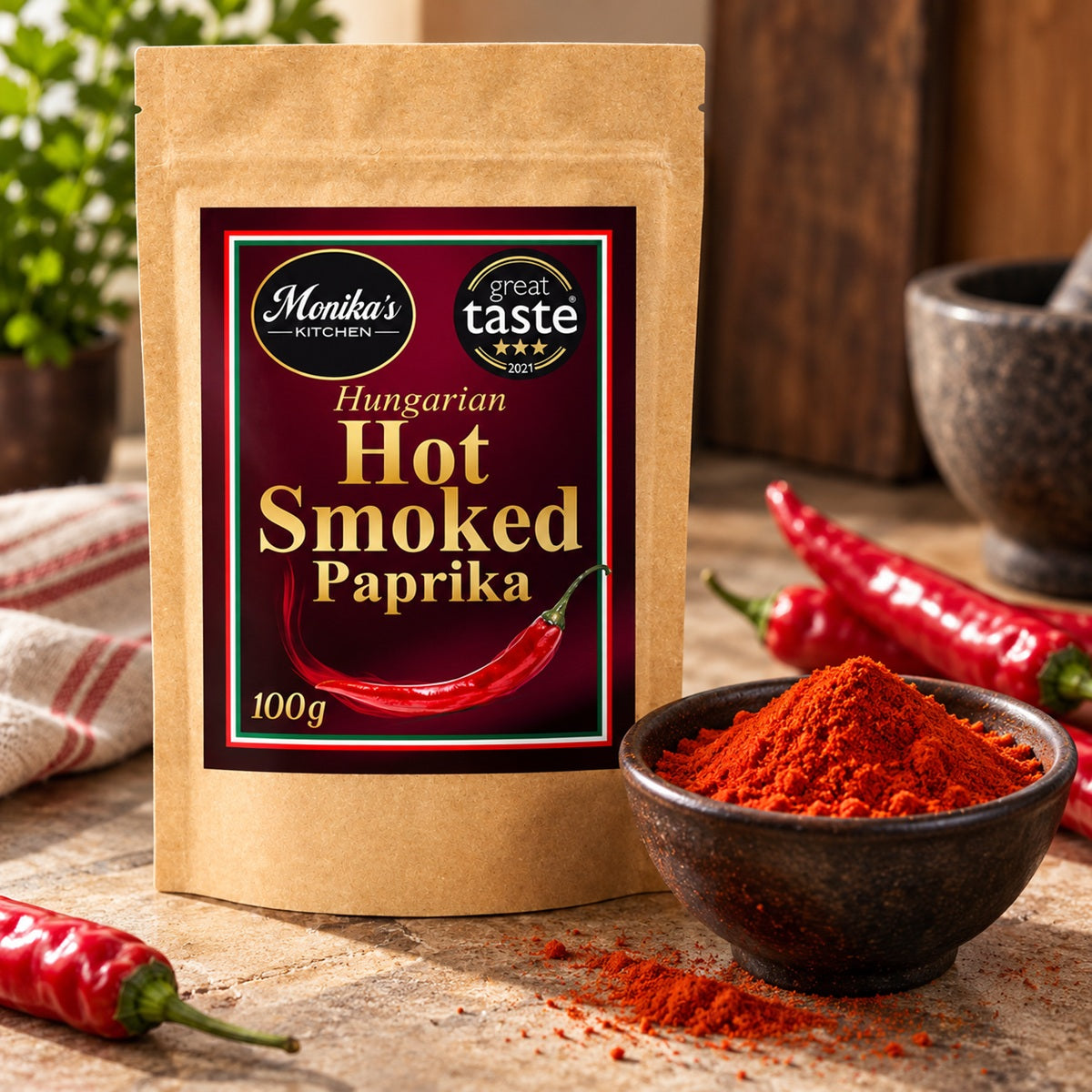 Hungarian Hot Smoked Paprika pouch beside vivid paprika powder and red peppers.
