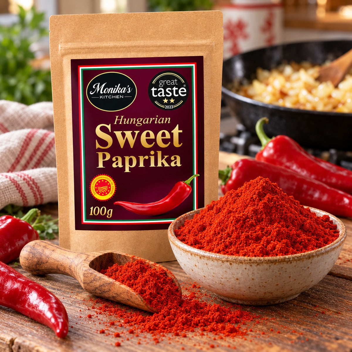 Monika's Kitchen Sweet Paprika pouch with a bowl and scoop of vivid paprika powder.