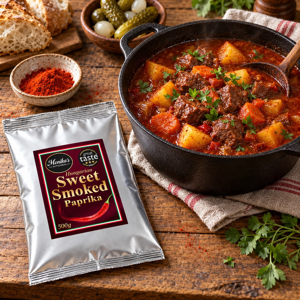 Hungarian Sweet Smoked Paprika 500g pouch lying flat beside a pot of beef goulash.