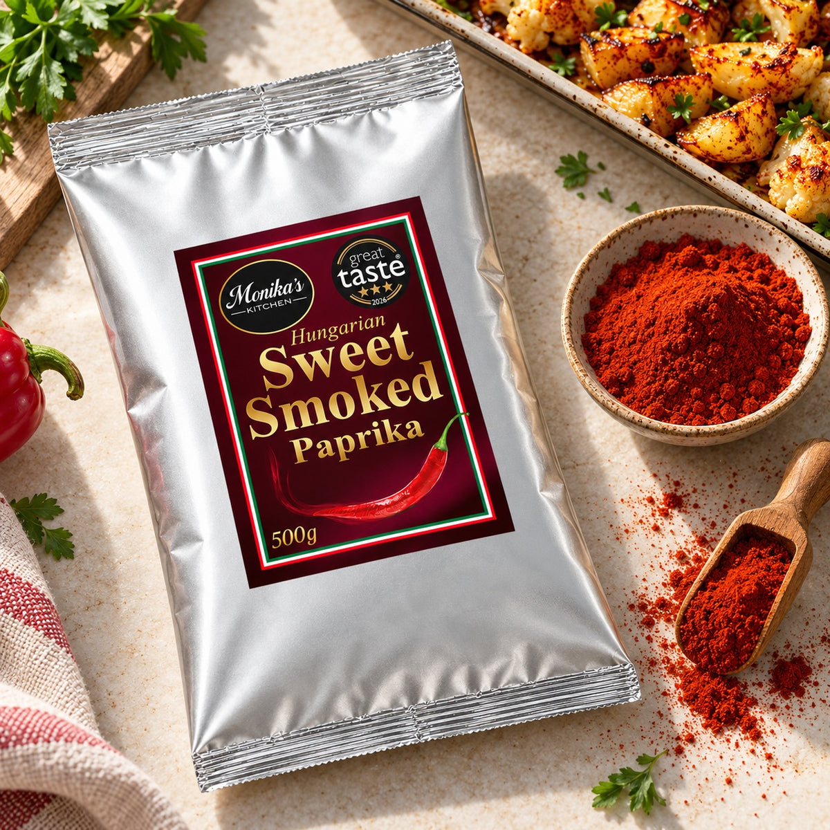 Hungarian Sweet Smoked Paprika 500g pouch lying flat beside roasted vegetables and paprika powder.