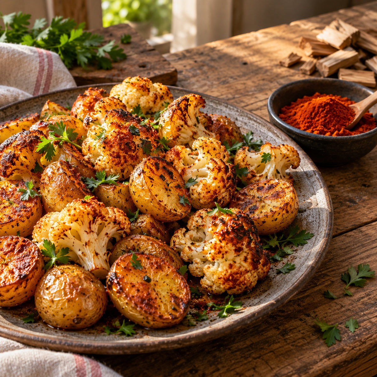 Roasted potatoes and cauliflower seasoned with sweet smoked paprika beside a bowl of paprika powder.