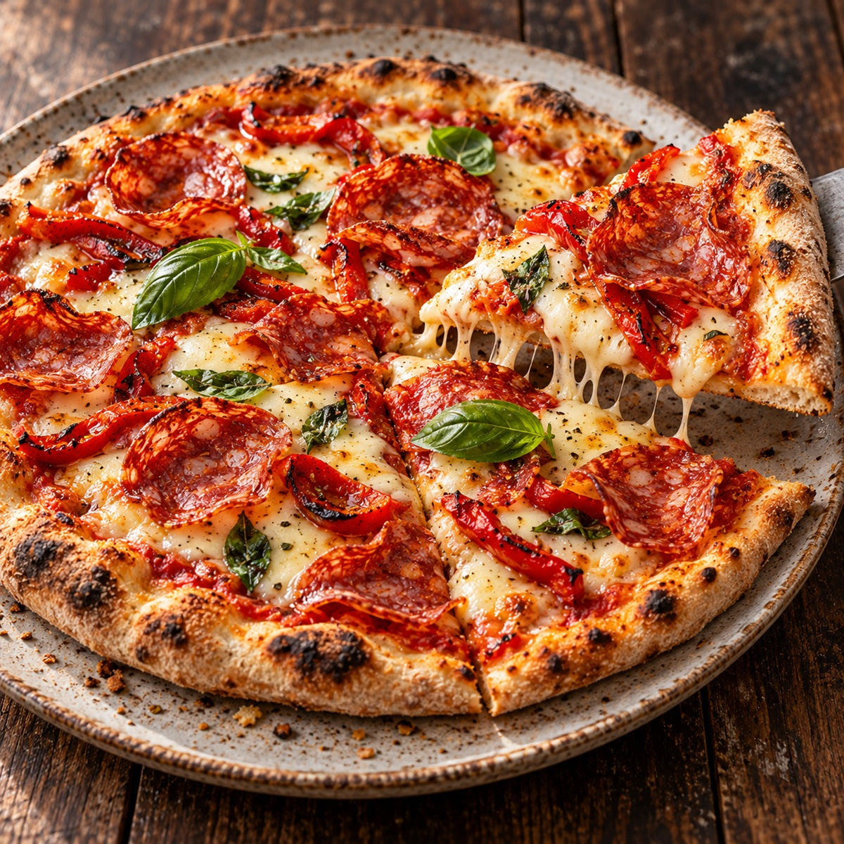 Homemade pizza topped with Kulen salami, roasted red peppers and mozzarella.