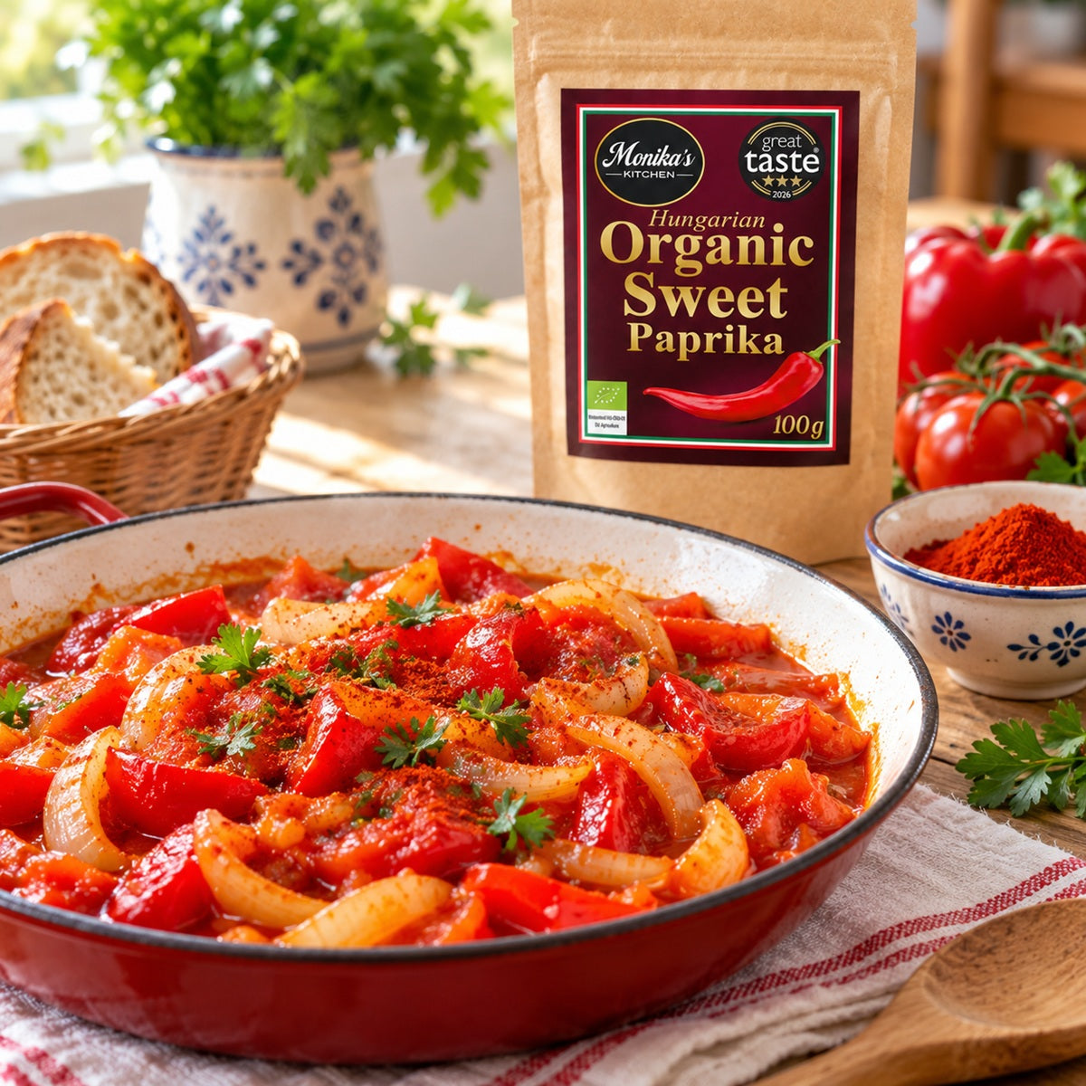 organic-sweet-paprika-lecso-lifestyle.png Organic Sweet Paprika pouch behind a pan of Hungarian lecsó with peppers and tomatoes.