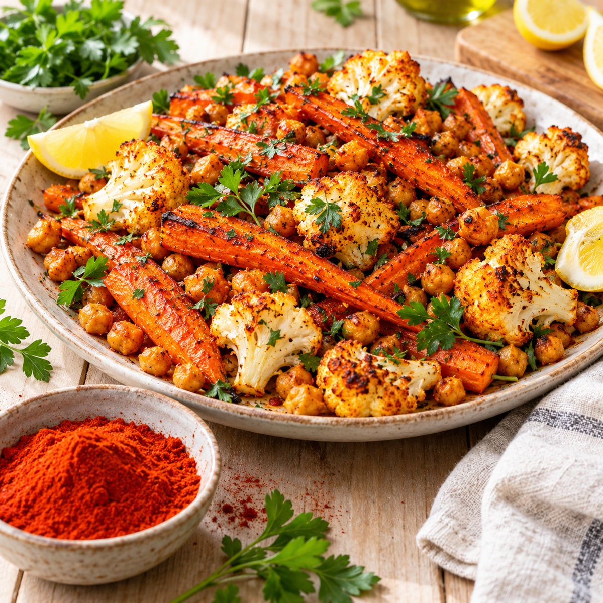 Roasted carrots, cauliflower, and chickpeas, seasoned with organic sweet paprika, beside paprika powder.