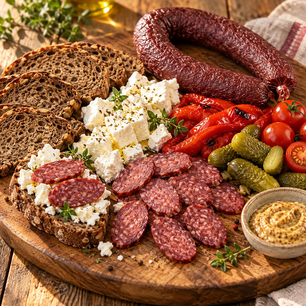 Bosnian sujuk with rye bread, white cheese, pickles and roasted peppers.