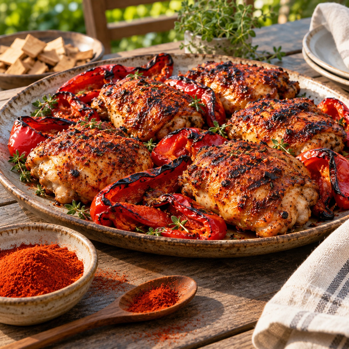 Grilled chicken and peppers seasoned with sweet smoked paprika beside a bowl of paprika powder.