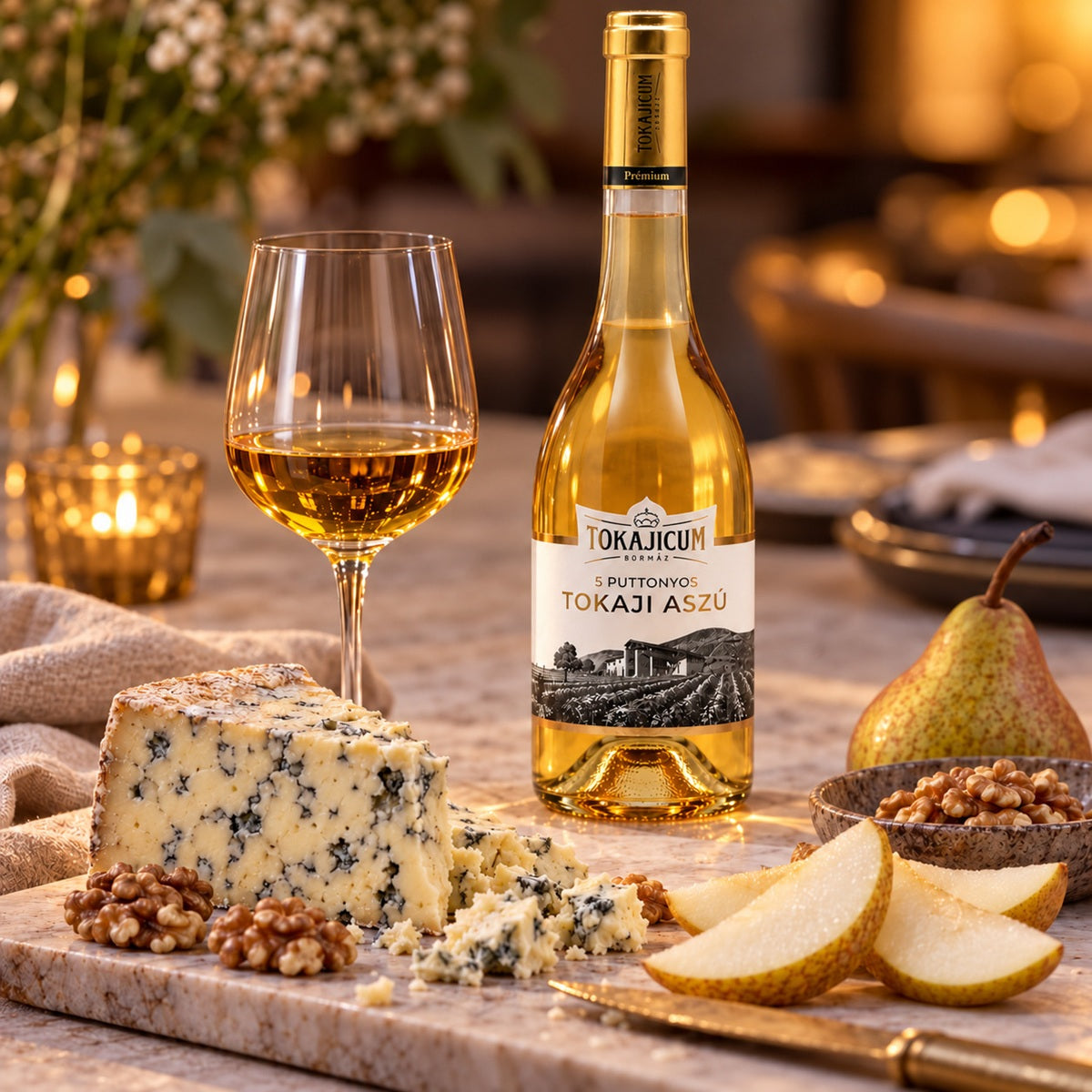 Tokajicum Tokaji Aszú 5 Puttonyos served with blue cheese, pear and walnuts.