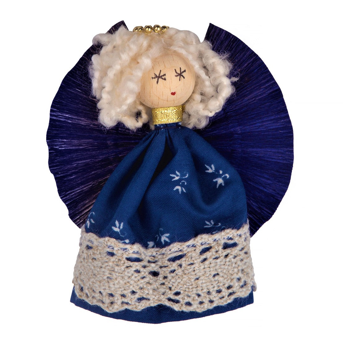 An artisan angel Christmas tree decoration in traditional kékfestő blue cloth with Hungarian folk art motives.