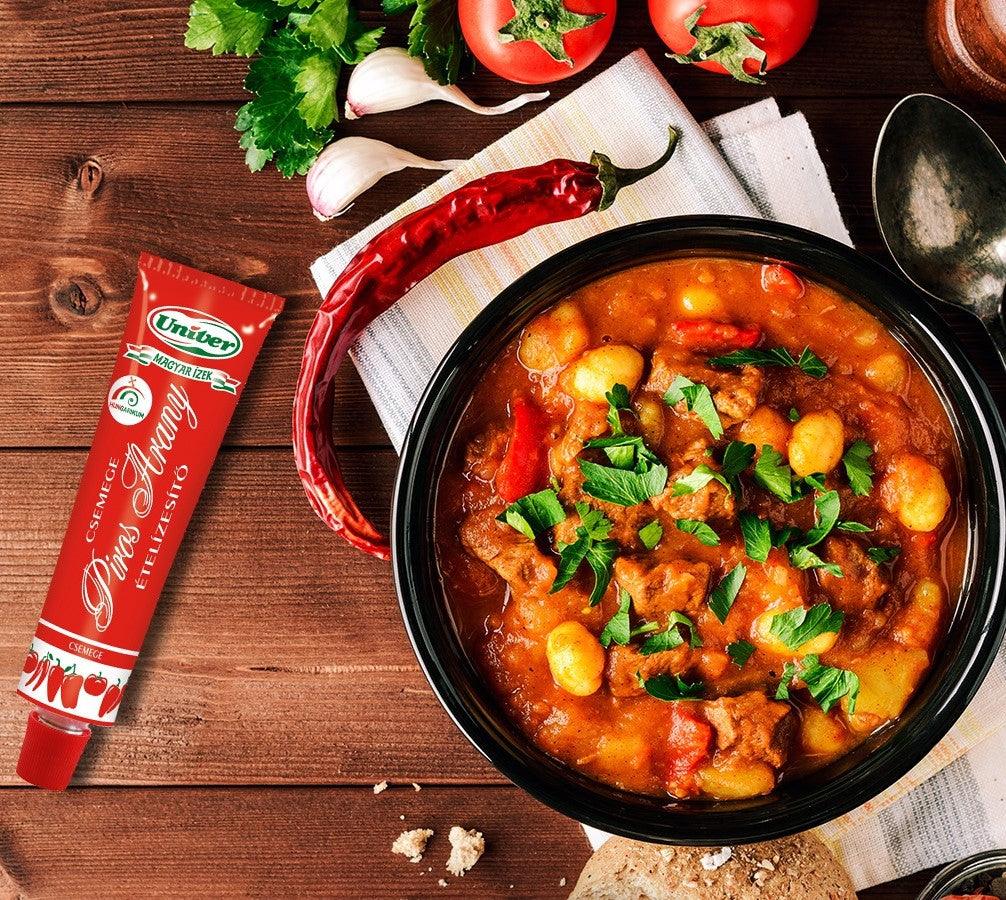 A traditional Hungarian beef goulash stew recipe with Piros Arany mild pepper paste from sweet paprika.
