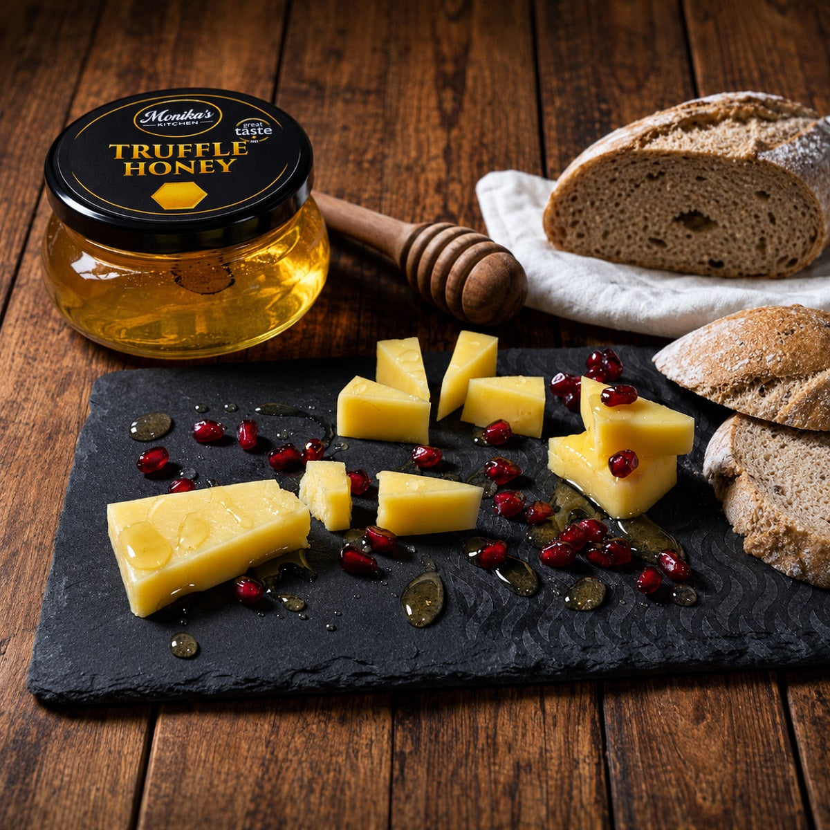 Black truffle infused acacia honey drizzled over cheese, with pomegranate pips and rustic bread.