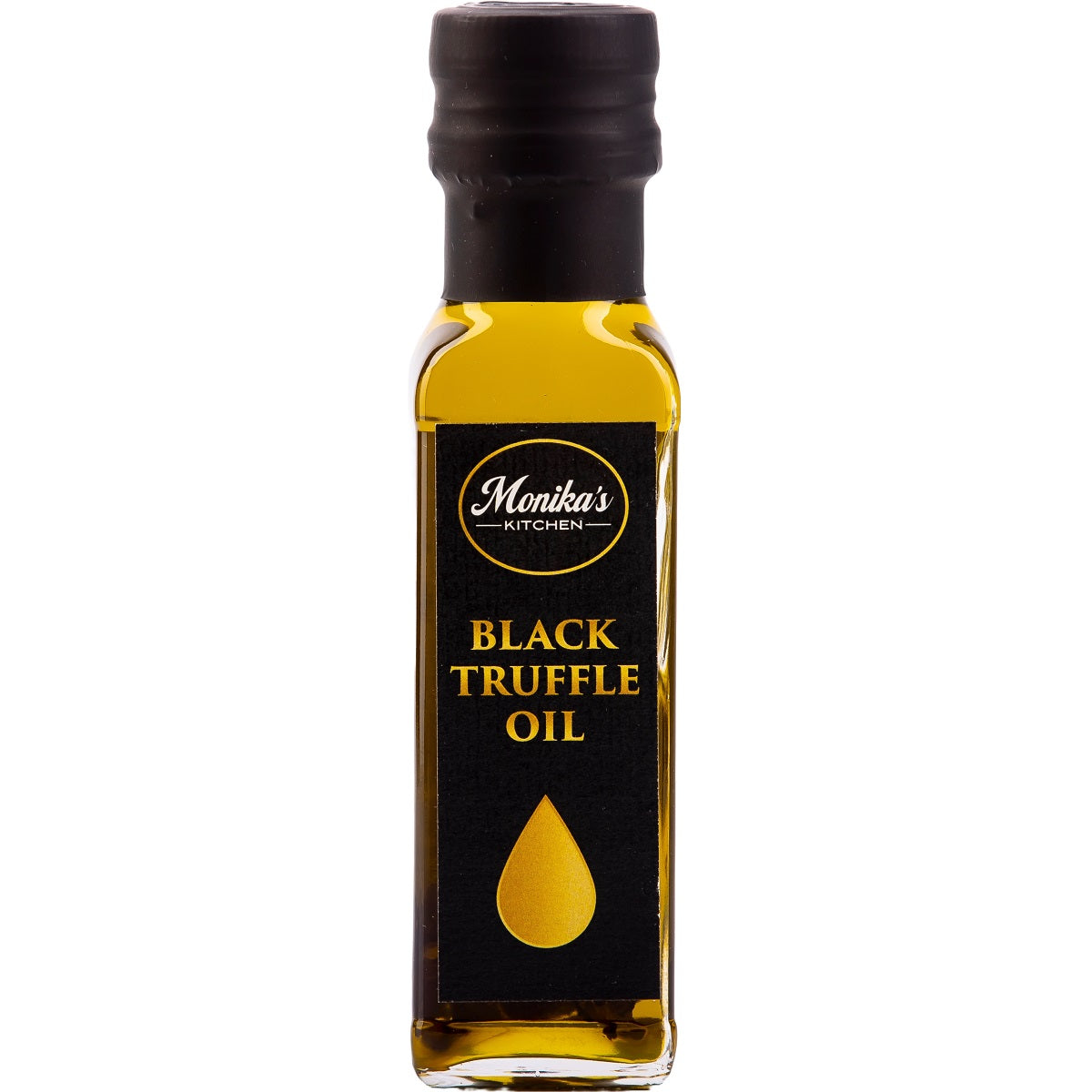 A bottle of black truffle oil from the best extra virgin olive oil infused with real truffle slices.