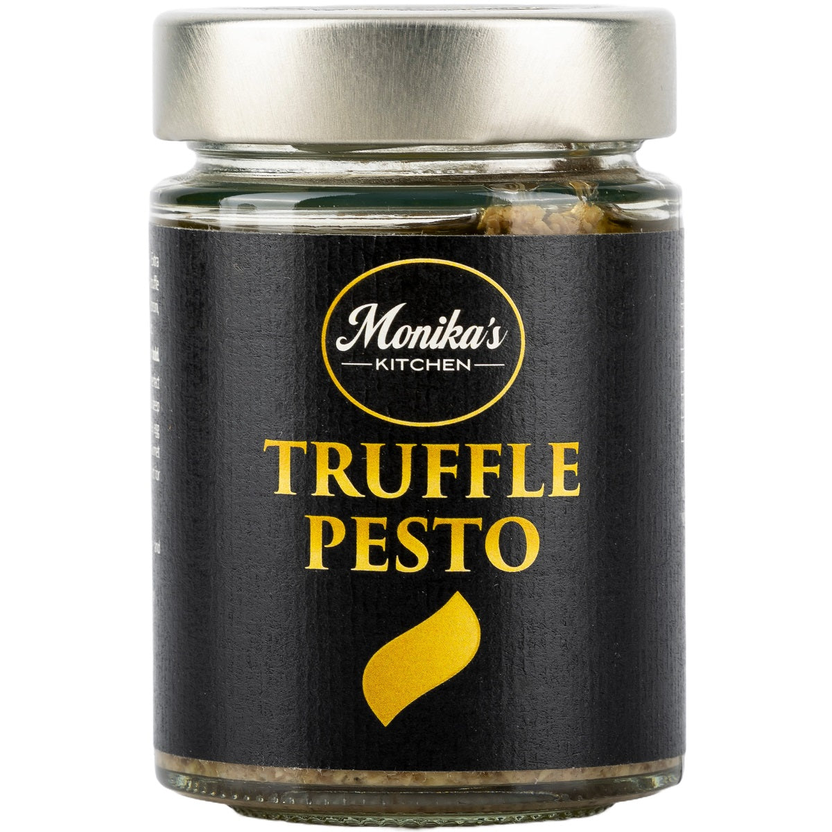 A jar of black truffle pesto, it is best used for making a base sauce for a gourmet truffle pasta recipe.