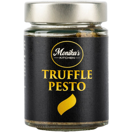 A jar of black truffle pesto, it is best used for making a base sauce for a gourmet truffle pasta recipe.