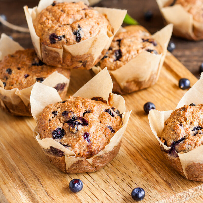 Gluten-free blueberry muffin recipe made using ground flaxseed flour for a healthy snack.
