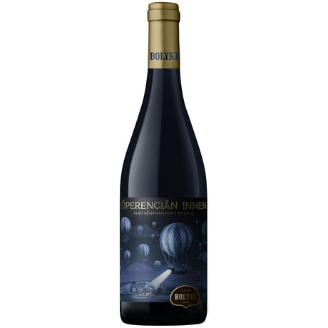 A bottle of Egri Kékfrankos Hungarian dry red wine from Bolyki Winery.
