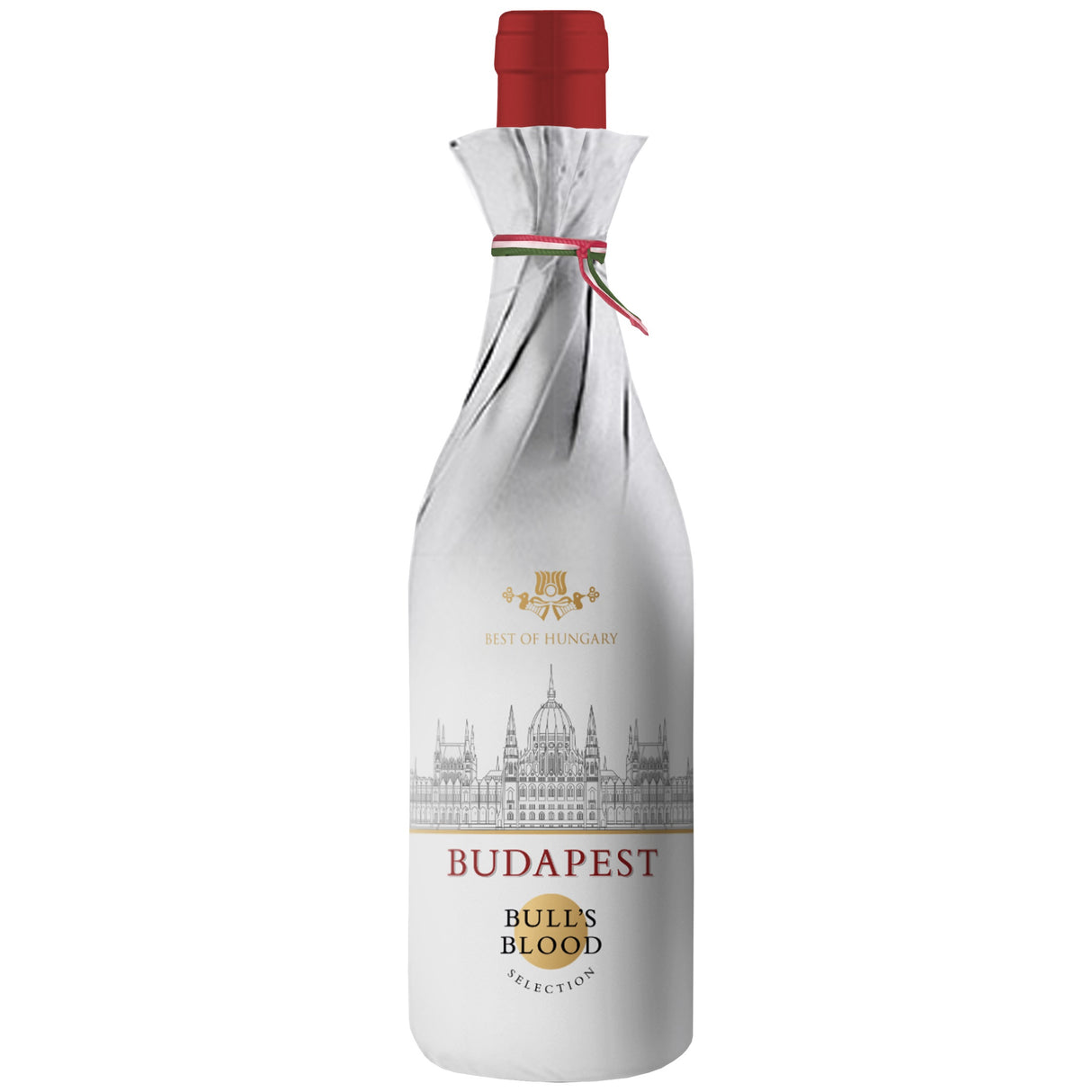 A bottle of Bull's Blood Hungarian dry red wine with Budapest on the label of the gift wrapping.