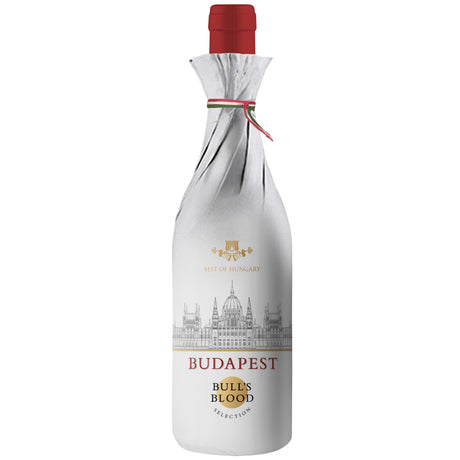 A bottle of Bull's Blood Hungarian dry red wine with Budapest on the label of the gift wrapping.